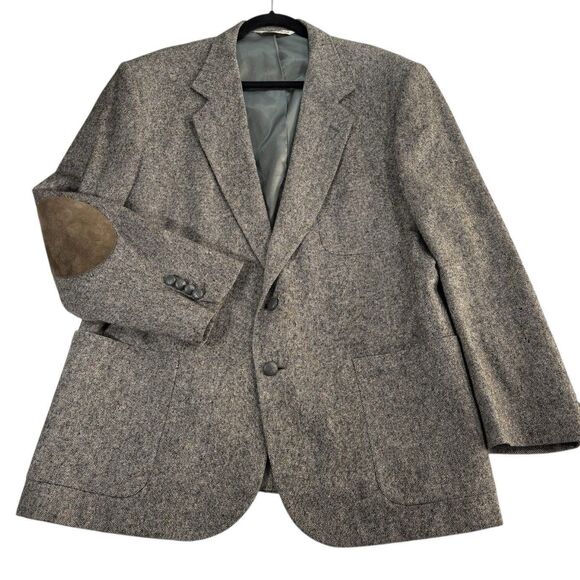 HUNT CLUB VINTAGE Virgin Wool Blazer Brown Suit Jacket Elbow Patches - Picture 1 of 12